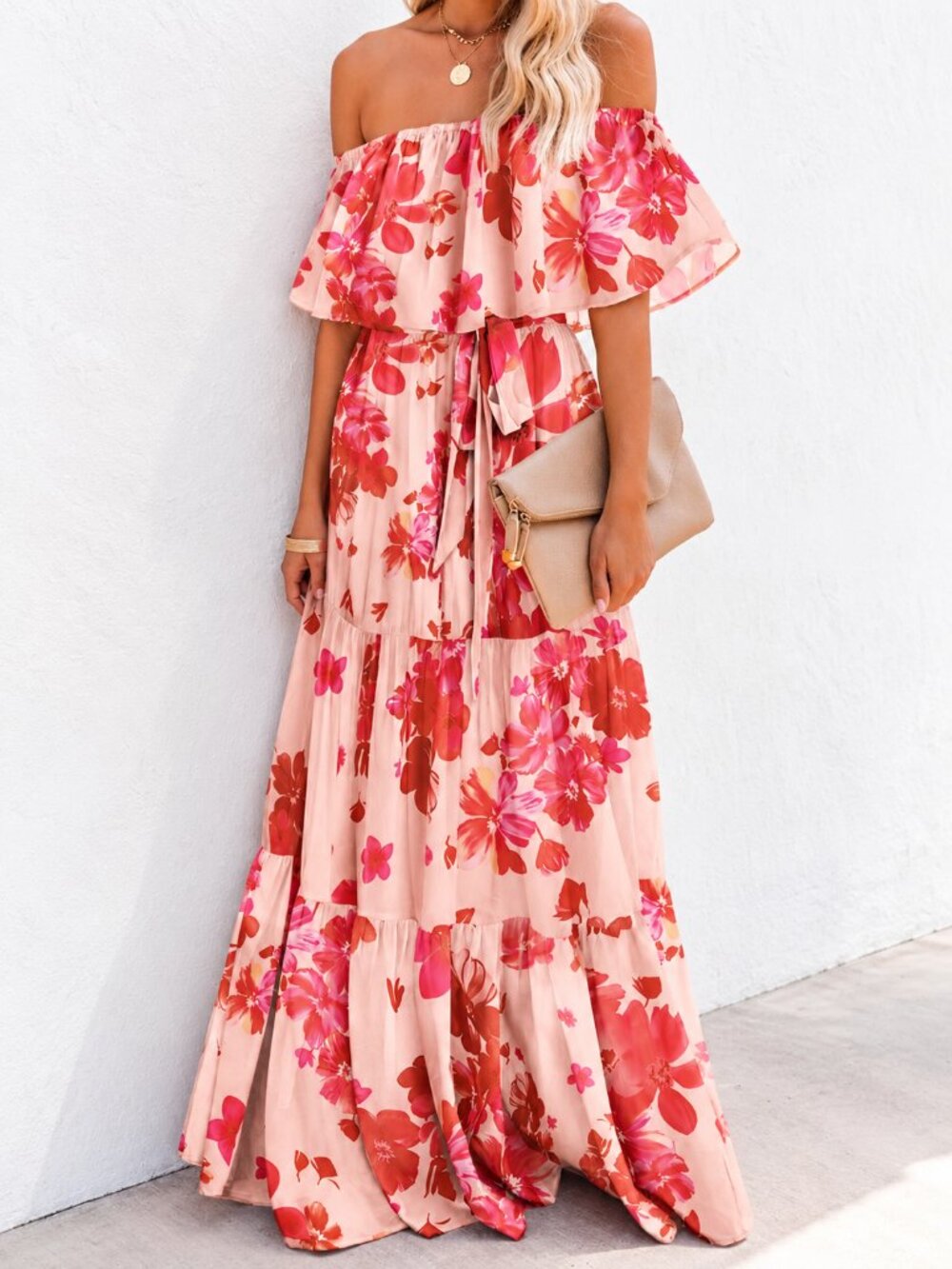 Women's Blush Red Floral Off Shoulder Tiered Maxi Dress Summer Vacation
